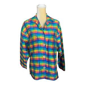 Ann May Silk Check Plaid Artsy Blouse Tunic Top Size Medium Colorful Rainbow